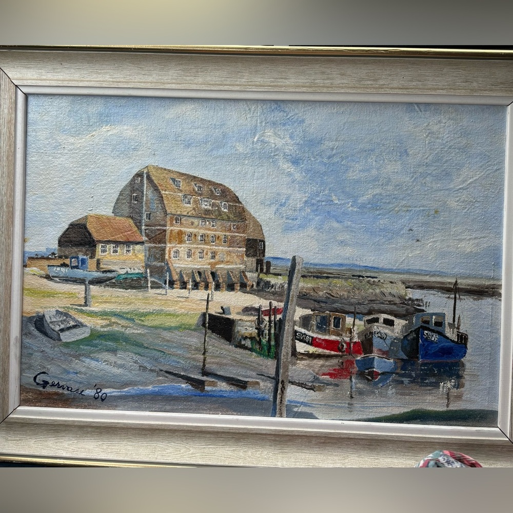 Vintage Oil Painting Coastal Harbor